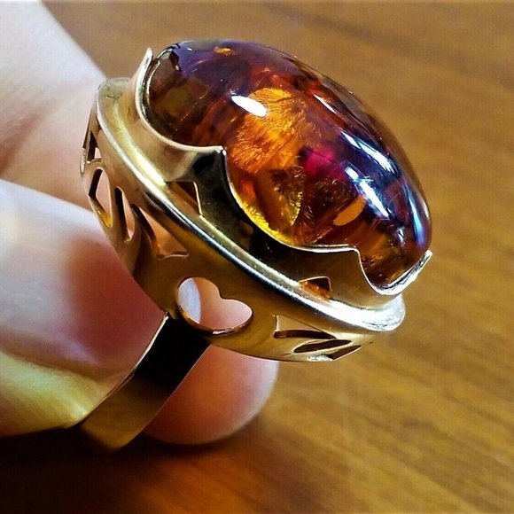 Vintage Russian USSR 14K 583 Rose Pink Gold Baltic Honey Amber Cocktail RING